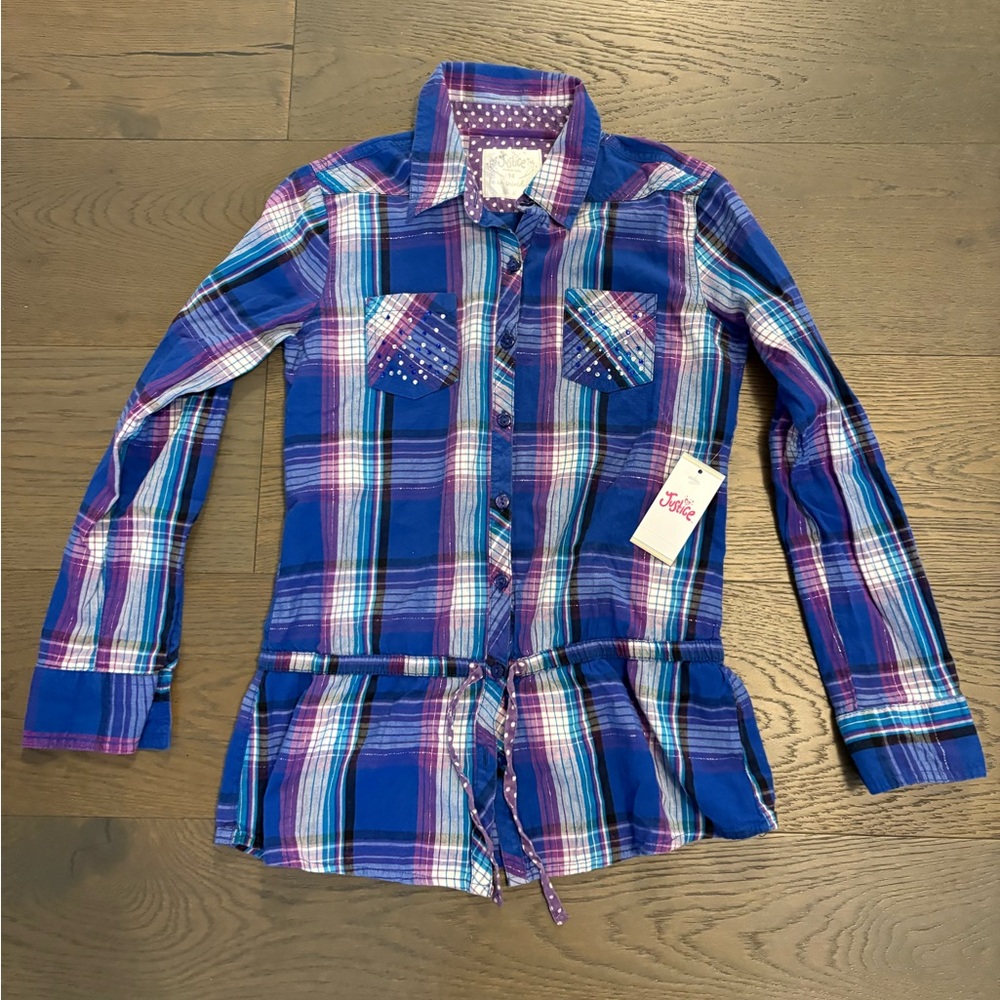 Justice girls purple dress shirt sz 14 new with tags. Ret $52